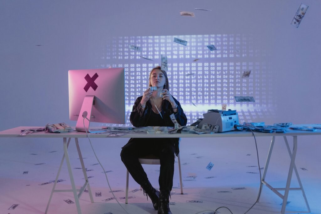 pexels-photo-6266639-6266639 A woman in a tech-inspired setting with digital graphics, surrounded by money, suggesting modern finance themes.